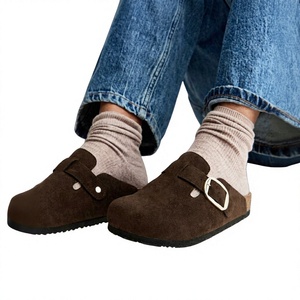 Brown Suede Closed Toe <b>Slippers</b> with Buckle Rubber Outsole Breathable Lightweight Barefoot Comfort for Summer Autumn All Seasons - Product Image 1