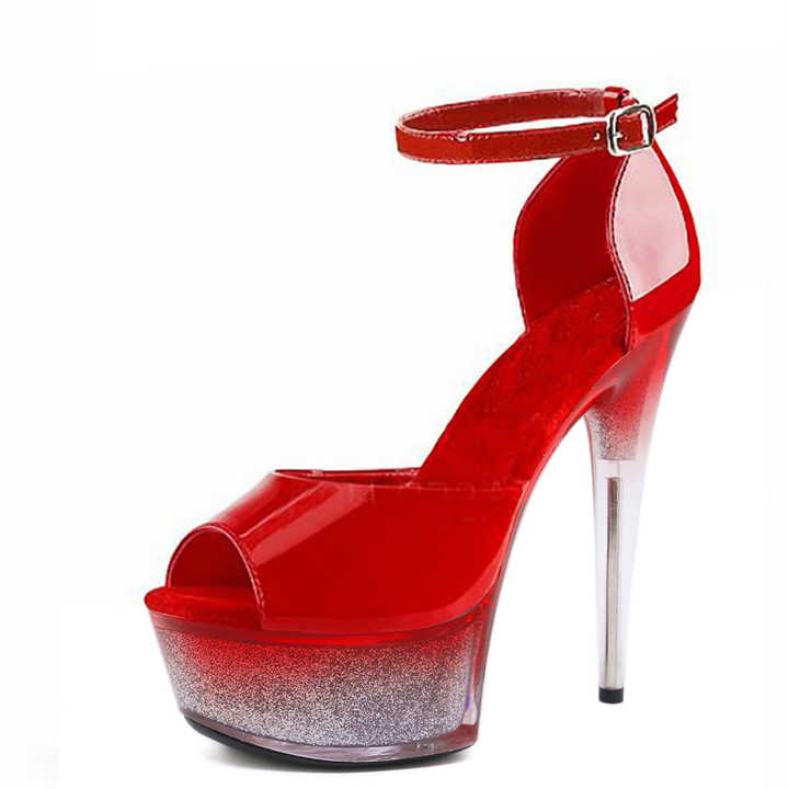 Lady Shallow Thin Heels Fetish 15cm Rhinestone Peep Toe Concise Platform Sandals Exotic 6Inch Sexy Big Size Nightclub Pole Dance
