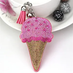 Hot Selling Leather Key Chain Rhinestone Key Ring Crystal Key Holder Bag Charm Ice Cream Charm Key Chain