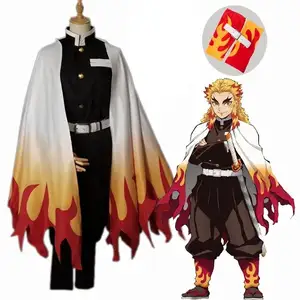 anime cosplay costume démon tueur Suppliers-Costume de Cosplay Demon Slayer pour enfant, Rengoku Kyoujurou, costume d'halloween, vente en gros, vêtements Anime