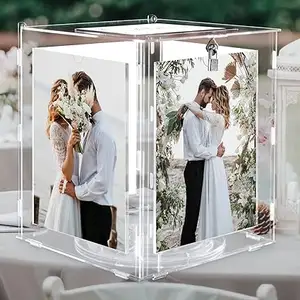 Acrylic Wedding Card Box with Picture Frame for Photos, Large Rotatable Envelope Post Money Gift Box Holder with Lock Slot