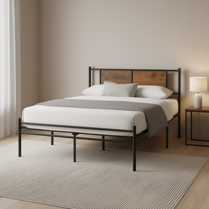 Cadre de lit en métal pleine taille avec tête de lit en panneau de bois, design industriel, mobilier de chambre à coucher - Product Image 2