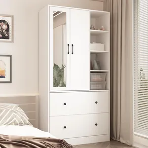 홈 침실 Armoire 옷 보관 주최자 선반 옷장 캐비닛 찬장 2 문 서랍 거울과 나무 옷장