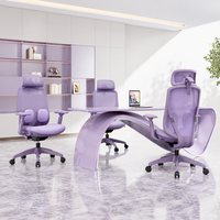 Chaise de bureau ergonomique en maille violette avec appui-tête réglable, coussin lombaire, dossier inclinable, siège coulissant et vérin à gaz pour bureau à domicile