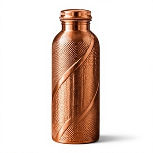 Botella de Agua de Cobre Texturizado Ayurvédico con Tapa, Frasco Metálico Grabado en Espiral Helicoidal, Artículos para Beber - Product Image 1
