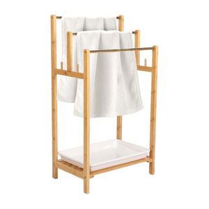 Porte-serviettes et étagère vintage autoportant en bambou et bois à 3 niveaux, pour piscine et salle de bain - Product Image 3