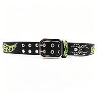 Ceinture unisexe en cuir gaufré crocodile vert foncé avec patch en fourrure de léopard, rivets métalliques et strass, style punk western