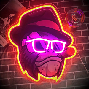 Letrero de Neón con Diseño de Mono Divertido con Sombrero, Gafas y Cigarro, en Color Morado y con Luces LED, Decoración de Pared para Bar, Sala de Juegos, Cueva del Hombre, Iluminación Artística, Regalo - Product Image 1