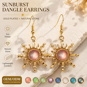 Custom Gold Plated Brass Sunburst Cat Eye Stone Celestial Dangle Earrings OEM ODM Jewelry Manufacturer - Product Image 1
