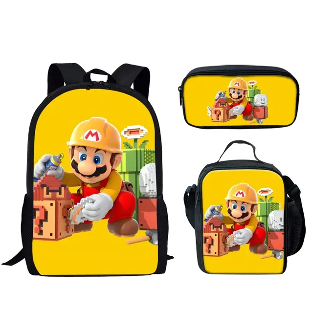 para niños y niñas Su-Per Ma-Rio Juego de mochila escolar con bolsa de almuerzo y estuche ligero para viajes 