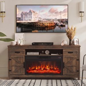 Meuble TV de luxe SENYU style grange vintage avec foyer intégré et chauffage LED pour téléviseurs jusqu'à 75 pouces - Product Image 1