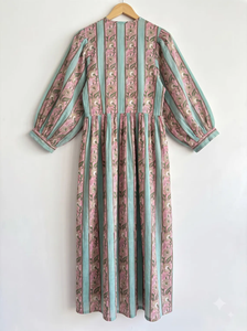 Robe maxi à rayures bleues et imprimé léopard pour femmes, manches longues, coton, style bohème, tenue de vacances d'été, plage, resort - Product Image 2