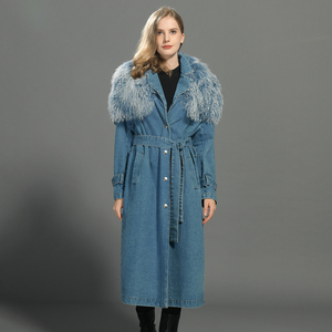 Wholesale Detachable Big Natural Mongolian Lamb Fur Collar Trench Coat Belt Soft Jeans Ladies <strong>Women</strong> Winter Real Fur <strong>Denim</strong> <strong>Jacket</strong> - Product Image 5