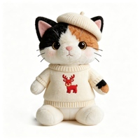 Peluche chat Calico avec chapeau béret et pull brodé renne, chaton en peluche doux et confortable