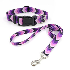 Purple <b>Pink</b> Chevron <b>Dog</b> Collar and Leash Set Adjustable Buckle Closure Fashion Polyester Material for <b>Dogs</b> - Product Image 1