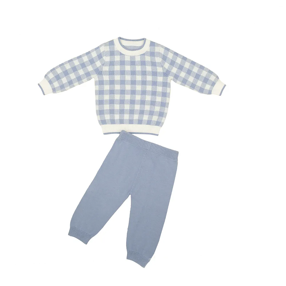 Fashion baby toddler baby boys' sweaters 100%cotton check pattern knitted baby sweater set