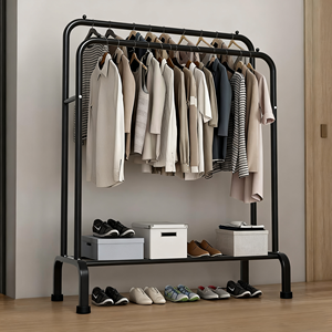 Organisateur métallique pour la maison, déplacement libre, double barre, séchoir à linge portable, support à vêtements et à chaussures avec étagère et roulettes - Product Image 1