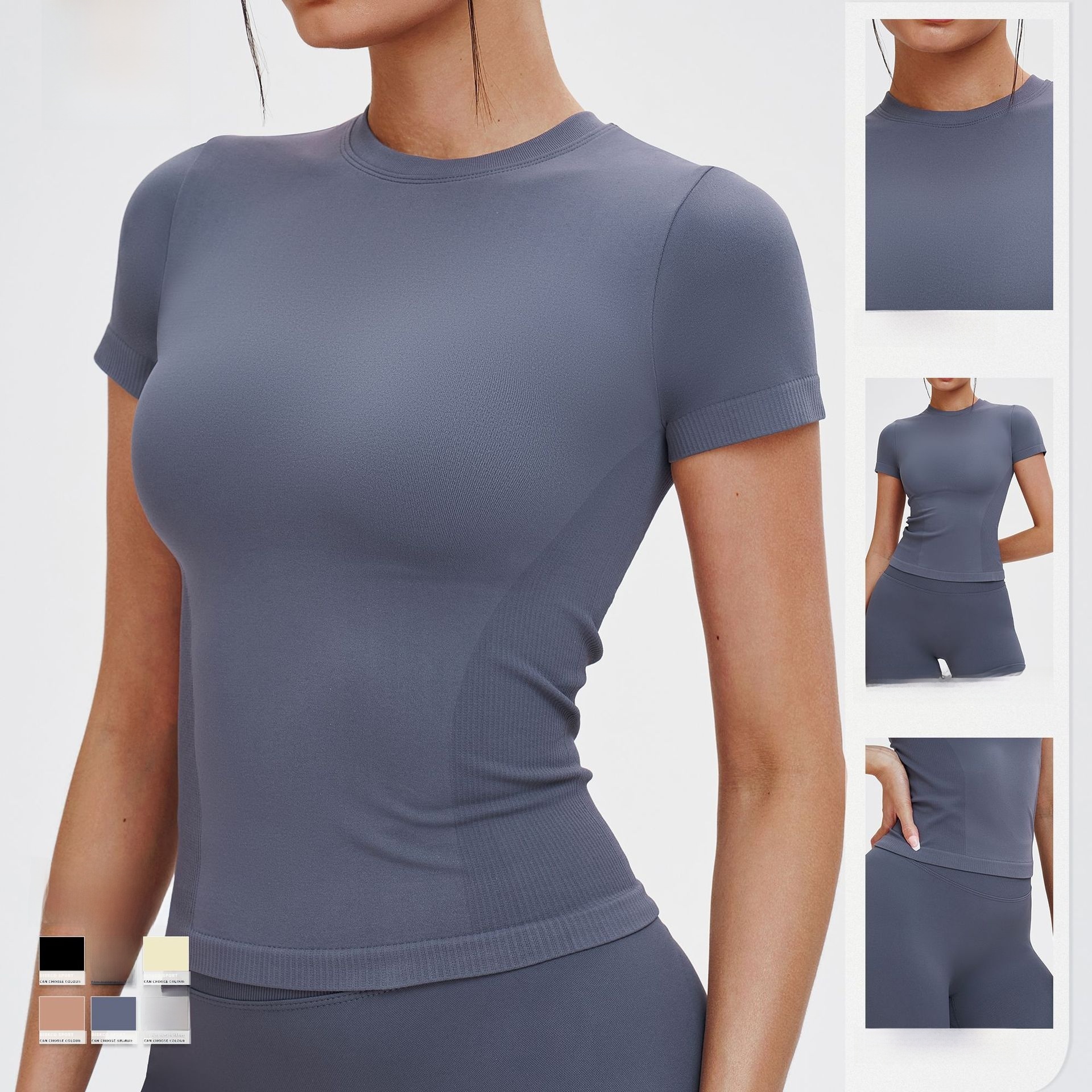 Glintic Seamless Moisture-wicking Quick Dry Solid Color Yoga Short Sleeve Neck Comfortable Sports Tight T-Shirt Outdoor Fitness