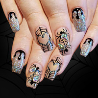Lot de faux ongles gothiques pour Halloween, bordeaux et noir ombré, motif toile d'araignée argentée, à pression mécanique, 24 pièces