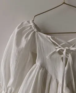 Benutzer definierte Leinen Baumwolle Mischung Blase Ärmel zurück Krawatte Prinzessin Rüschen großen Rock Kleid