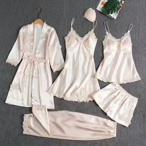 Offre Spéciale <span class=keywords><strong>pas</strong></span> cher prix Sexy dentelle couleur unie jarretelle Satin peignoir chemise de nuit pyjama vêtements de nuit 5 pièces ensemble pour les femmes - Product Image 4