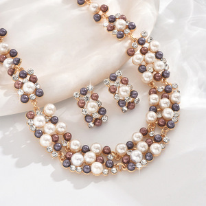 New Exquisite High Quality Gold Toned Statement Jewelry Multi Strand <b>Pearl</b> Crystal <b>Necklace</b> <b>Earring</b> <b>Set</b> for Special Events - Product Image 6