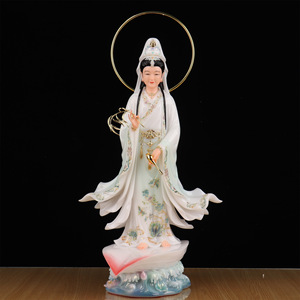 พระโพธิสัตว์กวนอิมแบบใบเดียว รูปปั้นแกะสลักยืน ทำจากหยกขาวฮั่น สีสันสมัยราชวงศ์ถัง ความกตัญญูอันยิ่งใหญ่ อวโลกิเตศวรา - Product Image 1