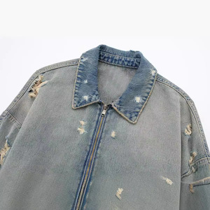Veste courte en jean pour femme à col à revers et fermeture éclair, avec décoration à trous, Tendance - Product Image 5