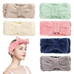 Wholesale Solid Color Bowknot Microfiber Facial Headband Girl Spa Hairband Make Up Elastic Headband For Women