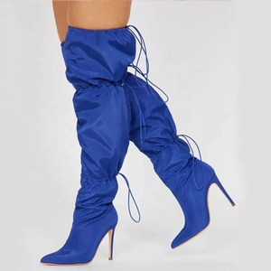 Size 44 Stretch Wide Top Women Silver Over Knee High Boots Stiletto <b>Pointed</b> Toe Elastic Lace up Shoes Thigh High Long Booties - Product Image 2