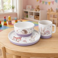 Service de table en porcelaine pour enfant avec base antidérapante en silicone, assiette + bol + tasse en céramique sans BPA pour tout-petit, lavande, 100 % alimentaire