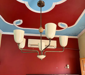 Lustre LED italien élégant de style Mid-Century Modern en laiton, 5 lumières, abat-jour crème, hauteur réglable, protection oculaire, pour salon - Product Image 6