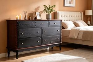 Vintage Black 7-<b>Drawer</b> Dresser, Farmhouse Sideboard with Bobbin Details & Gold Knobs - Product Image 3
