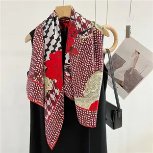 Classic red Floral design Large square 108cm silk headscarf 12MM satin scarf custom logo digital printing silk scarf women