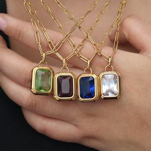 Acier inoxydable Carré Rock Sucre Coloré Zircon Pendentif Trombone Chaîne Collier Ins Haute Louange Couleur Protection - Product Image 2