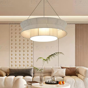 Lustre de salon de style français 80cm 100cm, suspension LED ronde tricolore en tissu, lampe artistique chaleureuse pour la décoration intérieure - Product Image 1