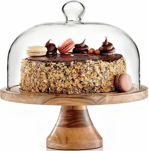 Suporte de bolo giratório de madeira com domo, placa redonda para bolo com tampa, suporte de bolo com susan preguiçoso