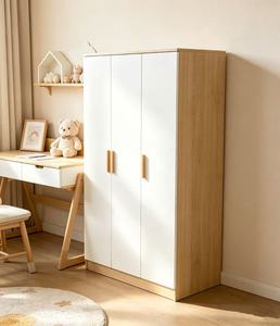Armoire blanche moderne avec poignées en bois, portes battantes, design scandinave, meuble de rangement autoportant pour chambre à coucher - Product Image 1