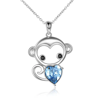 Joyería Fina de Plata de Ley 925, Lindo Collar con Colgante de Corazón de Mono de Cristal para Mujer