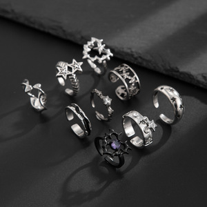 9 pièces/ensemble Punk Harajuku métal anneaux ouverts pour hommes femmes épines amour coeur étoile Zircon réglable bague ensemble bijoux (RG317) - Product Image 4