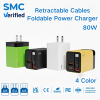 Chargeur mural rapide GaN 80W avec câble rétractable, adaptateur PD PPS pour téléphone et ordinateur portable, vente en gros, personnalisation des couleurs OEM