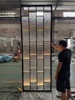 Custom LED Backlit Glass Partition Screen Stainless Steel Frame Luxury Hotel Living Room Divider Modern Design