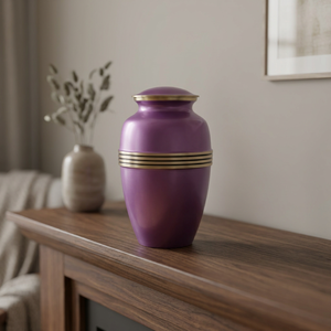 Urne funéraire en laiton de style américain, pot commémoratif violet avec bande dorée, gravure personnalisée - Artisanat indien - Product Image 1