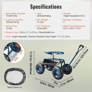 Steel Rolling Garden Work Seat <strong>with</strong> <strong>Wheels</strong> 360 Degree Swivel Steering Handle Tool Tray Outdoor Patio Yard - Product Image 6