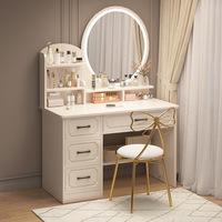 Coiffeuse avec chaise et miroir LED, table de maquillage moderne blanche avec 3 tiroirs, bureau de maquillage pour chambre à coucher avec étagères de rangement