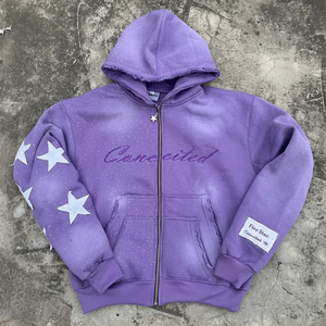 Sweat à capuche zippé en strass, 100% coton de haute qualité, effet délavé et vieilli, style streetwear, coupe oversize, <span class=keywords><strong>noir</strong></span>, personnalisable - Product Image 2