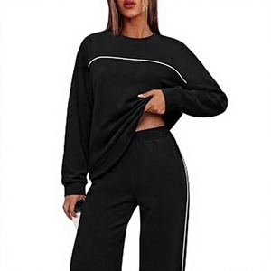 Women's Black Long Sleeve <b>Sweater</b> <b>Set</b> Crew Neck Knitted Full Length Solid Color Side Stripe Casual Lounge Wear - Product Image 3