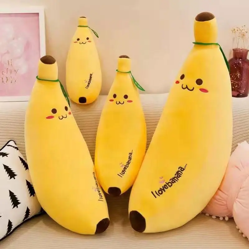 Best Price popular Smiley face expression Yellow kawaii banana Fruit Doll pillow soft stuffed Long banana plush toy