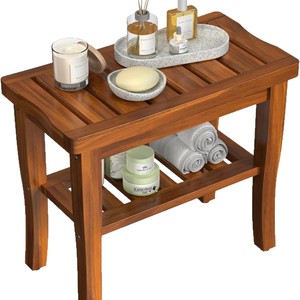 Tabouret de salle de bain double couche en teck 28,4x43x45 cm, banc de douche avec rangement pour adultes et personnes âgées - Product Image 3