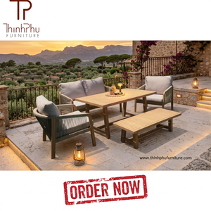 Juego de Muebles de Exterior de Lujo Contemporáneo, con Estructura de Madera de Acacia y Mimbre, Tela Impermeable, para Jardín, Hotel, Sofá, Mesa de Comedor y Sillas - Product Image 2